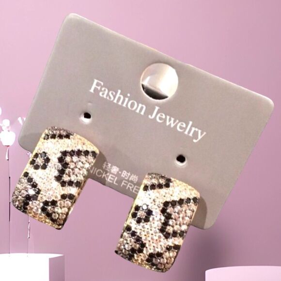 LEOPARD PRINTS PAVE 14K GOLD PLATED HOOP EARRINGS SMOKY AND BLACK DIAMONDS - Picture 1 of 4